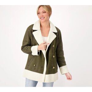 Candace Cameron Bure Sherpa Lined Faux Suede Peacoat Size XXS Green A462130